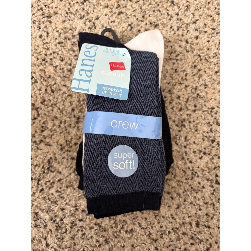 Hanes Socks‎ Womens 5-9 Casuals Crew Stretch Super Soft 3-Pack Navy White Black